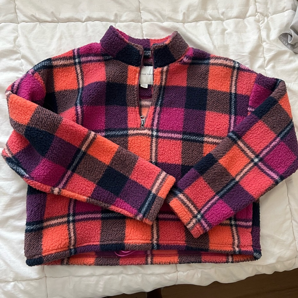 American Eagle Size S Cropped Plaid Fleece Quarter Zip